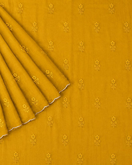 Georgette Saree with Thread Embroidery Flower Design  Kardhana Work Scallop Border -Mustard