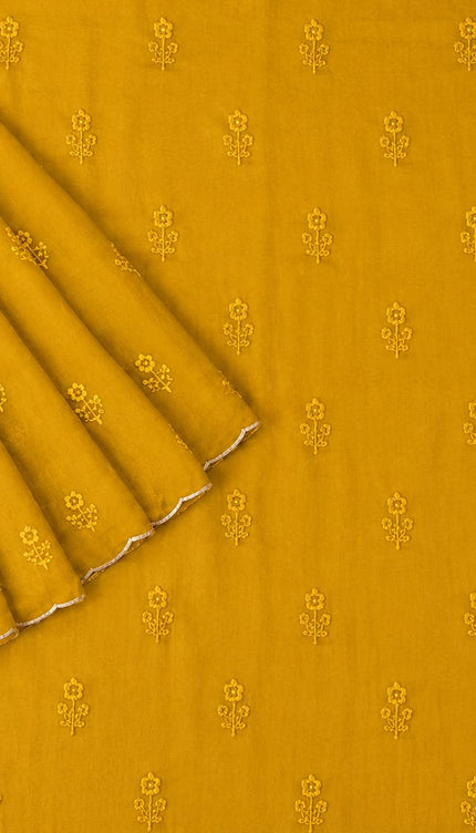 Georgette Saree with Thread Embroidery Flower Design  Kardhana Work Scallop Border -Mustard