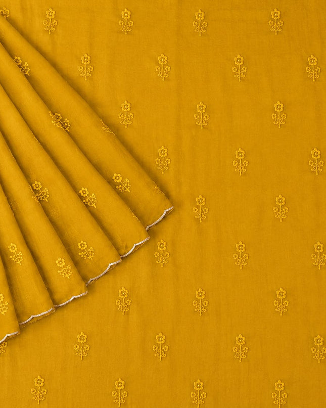 Georgette Saree with Thread Embroidery Flower Design  Kardhana Work Scallop Border -Mustard