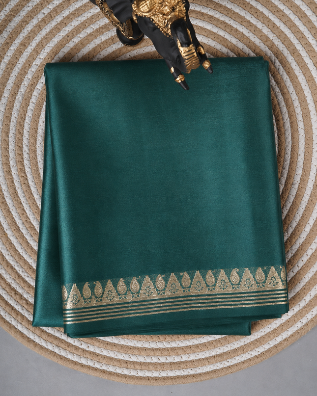 Crepe Saree with Golden Zari contrast Border - Bottle Green