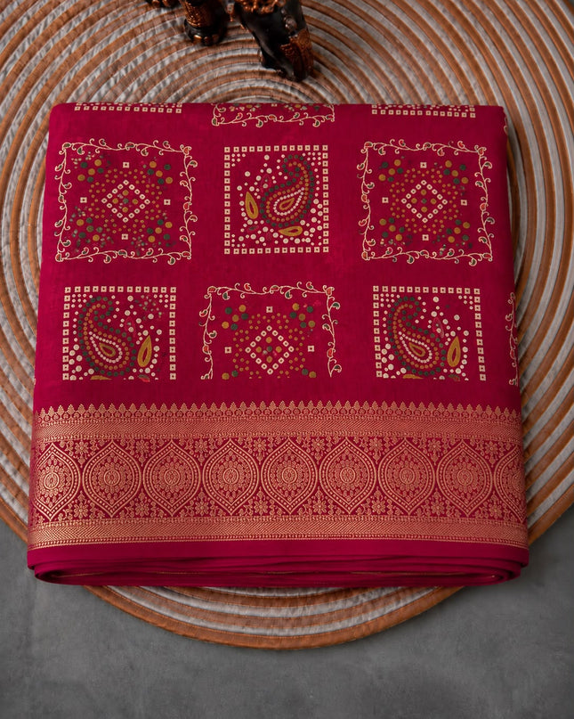 Tusser Silk Saree With Bhandni Print and Golden Border - Pink