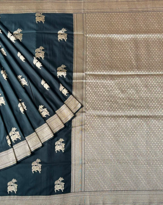 Mashru Banaras saree with Pichwai  Weaving Buttes and Kaddi Border - Black
