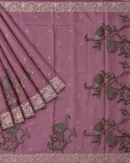 Soft Organza  Saree with Thread Work  and Scallop Border - Onion Pink