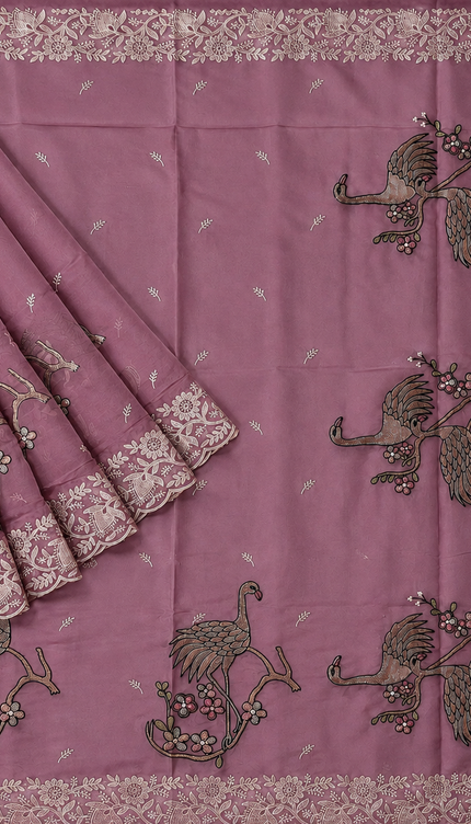 Soft Organza  Saree with Thread Work  and Scallop Border - Onion Pink