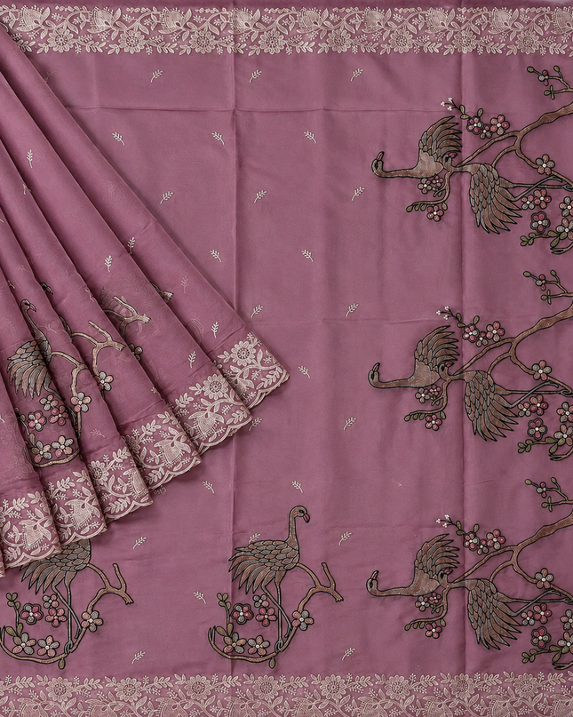 Soft Organza  Saree with Thread Work  and Scallop Border - Onion Pink