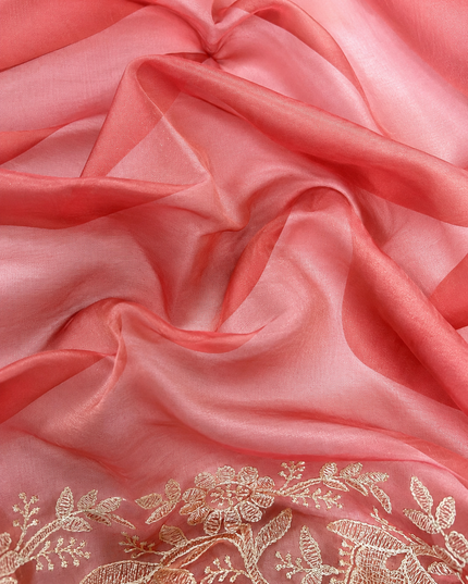 Soft Organza  Saree with Thread Work  and Scallop Border - Coral