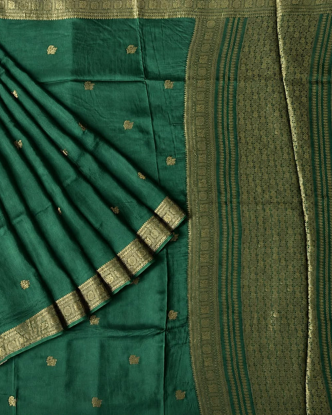 Dola silk sarees with  Gold Butties and zari Border- Bottle Green