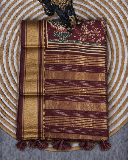 Soft Silk Saree with  Geometrical Print and Kalamkari Border - Maroon