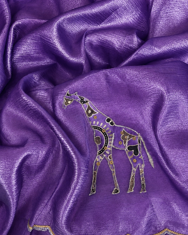 Soft  Orznga  Saree With Applique work and scallop Border-  Violet
