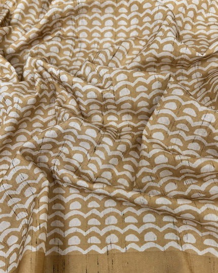 Tusser Saree with Floral and Peacock  Print with Kantha Work and contrast Border -  Mustard