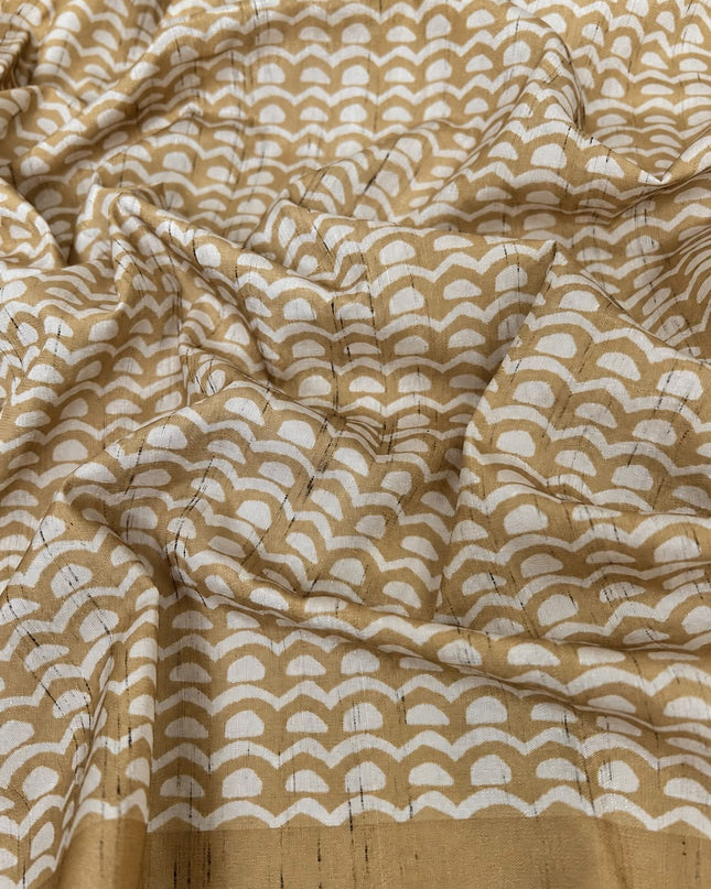 Tusser Saree with Floral and Peacock  Print with Kantha Work and contrast Border -  Mustard