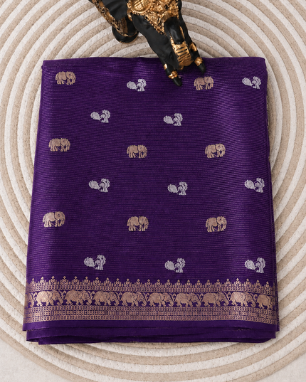Munga Silk Saree With Gold and Silver Peacock and Elephant Butties Golden  Zari Elephant Design  Border - Violet