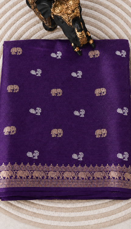 Munga Silk Saree With Gold and Silver Peacock and Elephant Butties Golden  Zari Elephant Design  Border - Violet
