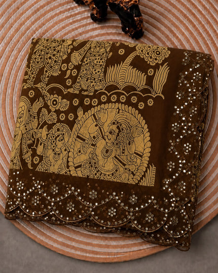 Georgette Saree With Kalmkari Print and Scallop Border and Mirror Work  -Brown