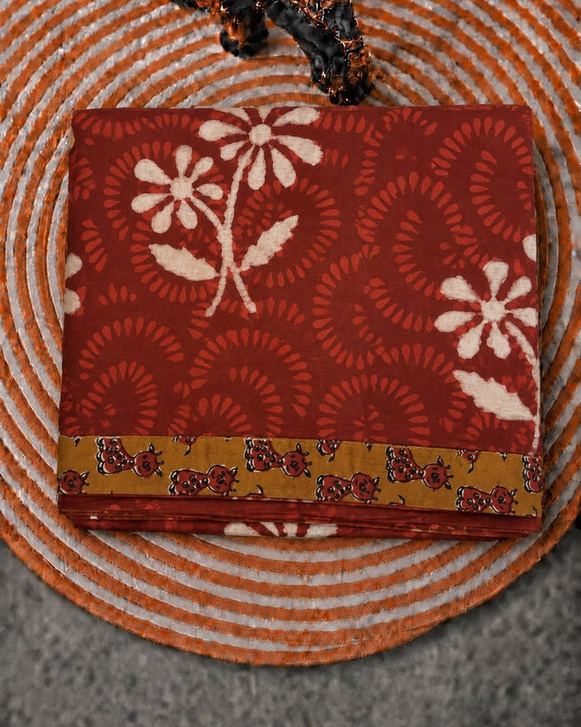 Mul Cotton Saree with Hand Floral Print Border-  Rust