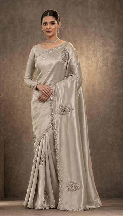 Munga Banaras Saree With Self Weaving Kardhana Sequence Work Scallop Border- Off White