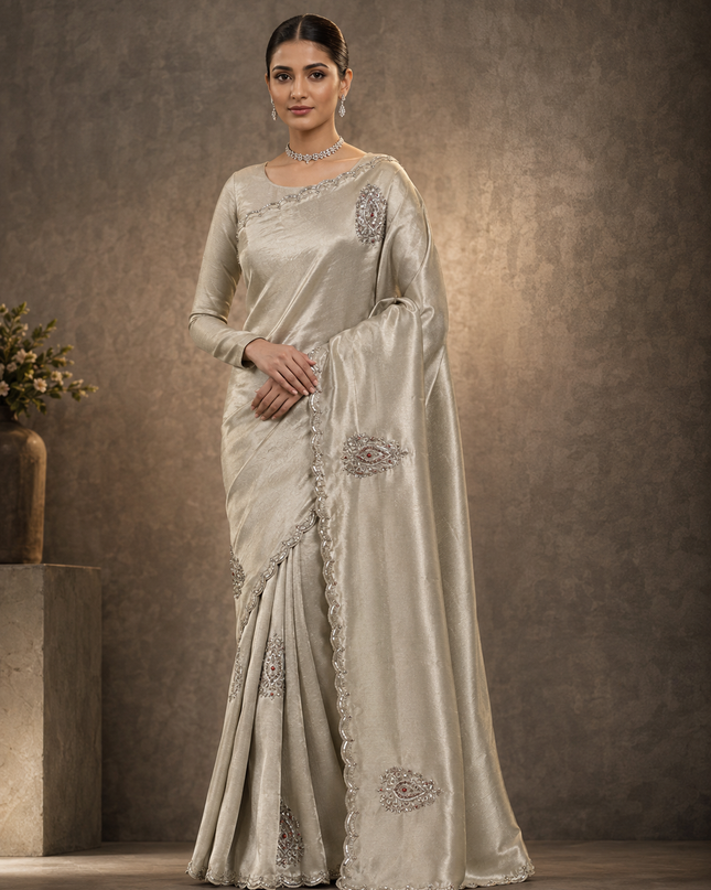 Munga Banaras Saree With Self Weaving Kardhana Sequence Work Scallop Border- Off White