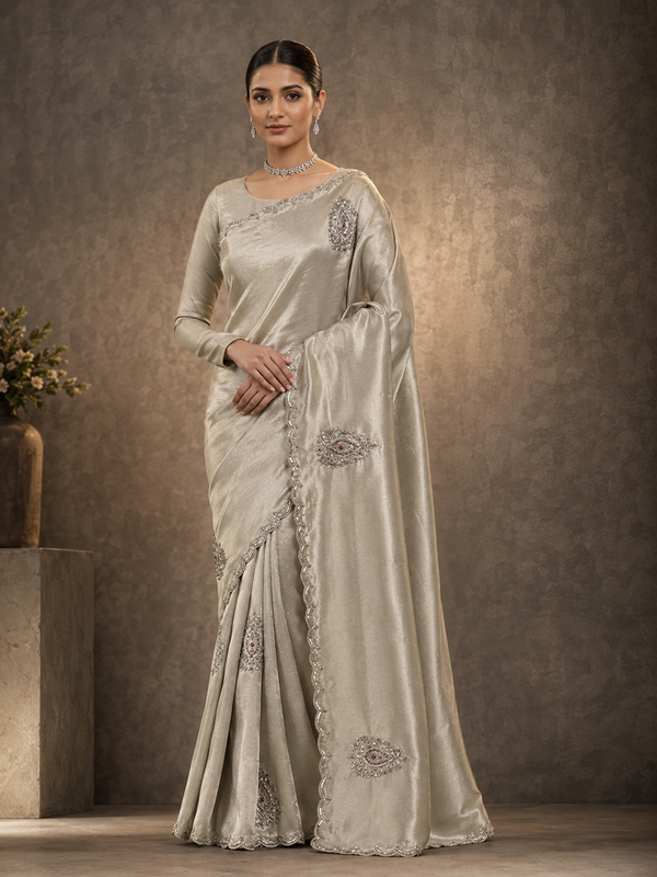 Munga Banaras Saree With Self Weaving Kardhana Sequence Work Scallop Border- Off White
