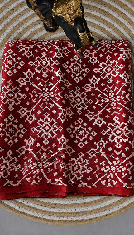 modal silk saree with ajrakh Design and Small Border  - Red