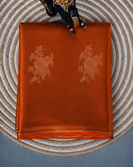 Tissue Banaras saree Self Weaving  Floral Butties  Contrast small Border - Silver & Orange