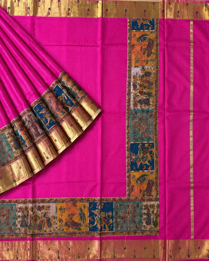 Kota Silk Saree with Kalamkari Dori Work and Muniya Border  - Magenta