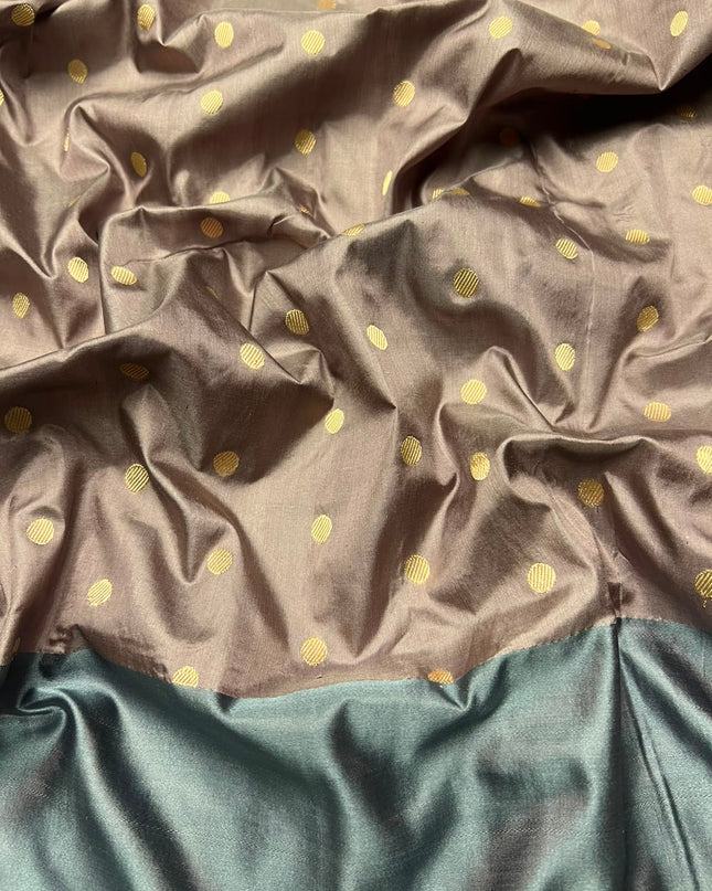 Kathan Silk Saree With All over Gold Zari Buttes and Golden Zari Weaving Border - Grey & Magenta