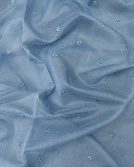 Silk Kota Saree with Floral Print and Thread Embroidery work Border with Lace -Light Blue