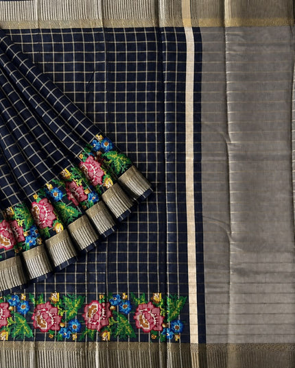 Chanderi Silk saree Cross Stich Work and Golden Border - Navy