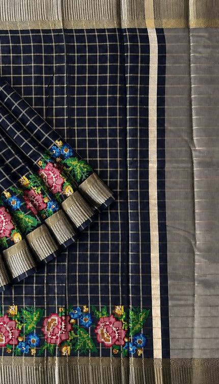 Chanderi Silk saree Cross Stich Work and Golden Border - Navy