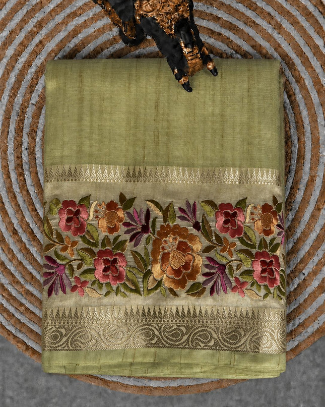 Kora Tusser saree Gap Border with Parce Work Border -  Pista Green