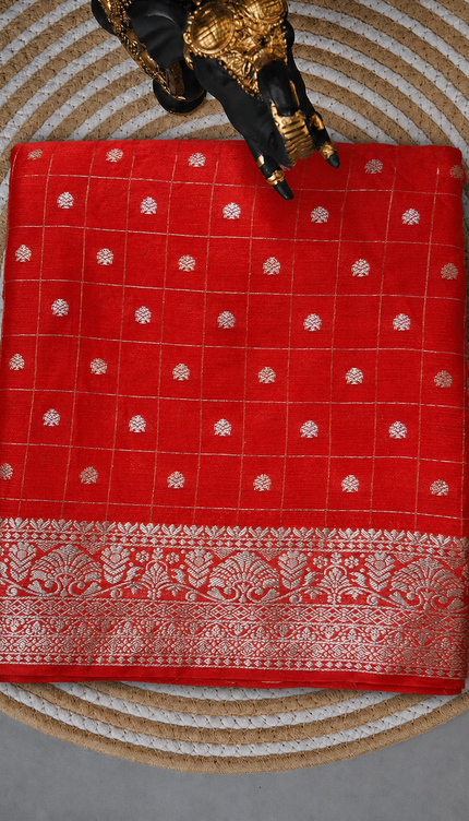Chinon Silk Saree  with Golden Zari  Weaving Checks Design With Small Butties  Contrast Golden Zari Border -Orange