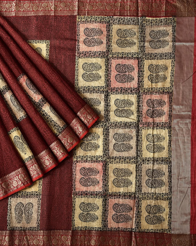 Maheshwari Silk With Shikargah  Print and Antic Zari Border  -  Brown