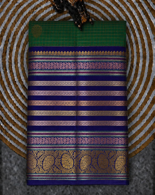 Pure Pattu Saree With Golden Check Weaving and Flower Buttes and Contrast Border -  Bottle Green