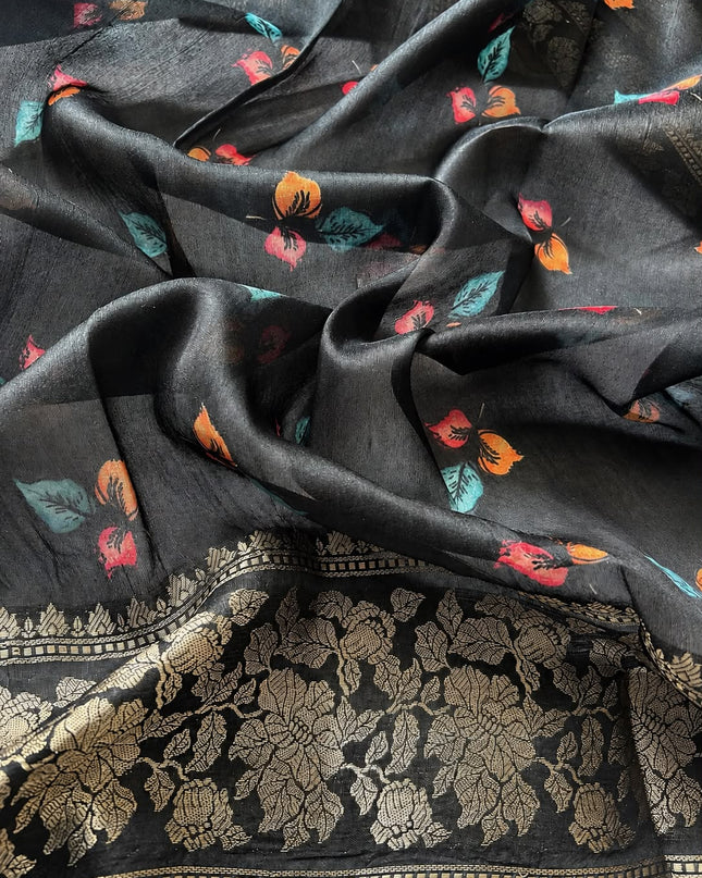 Chanderi Saree with  Floral Print Contrast Border - Green &  Black