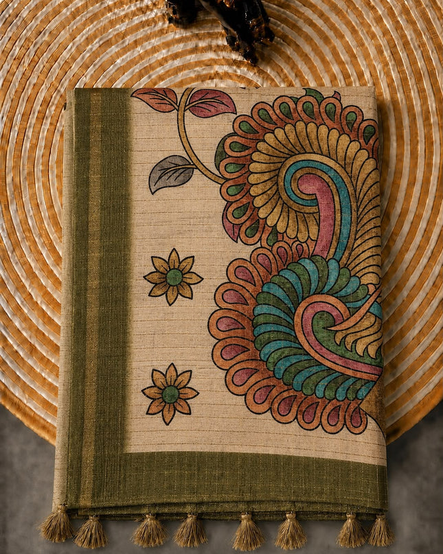Tusser Silk Saree With All over Golden Checks Design and Kalamkari Pallu - Mehandi Green