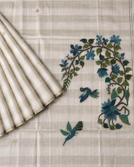 Cotton Chanderi Jamdani Saree with Self Weaving Floral Design - Off White