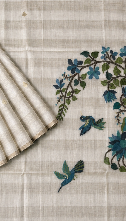 Cotton Chanderi Jamdani Saree with Self Weaving Floral Design - Off White