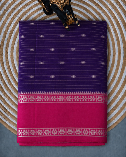 Munga Silk Saree With All over Oosi Design and Small Gold Butties  Contrast Border- Violet & Red