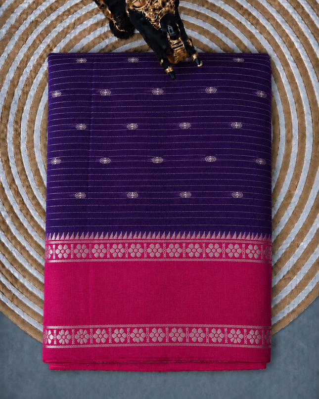 Munga Silk Saree With All over Oosi Design and Small Gold Butties  Contrast Border- Violet & Red