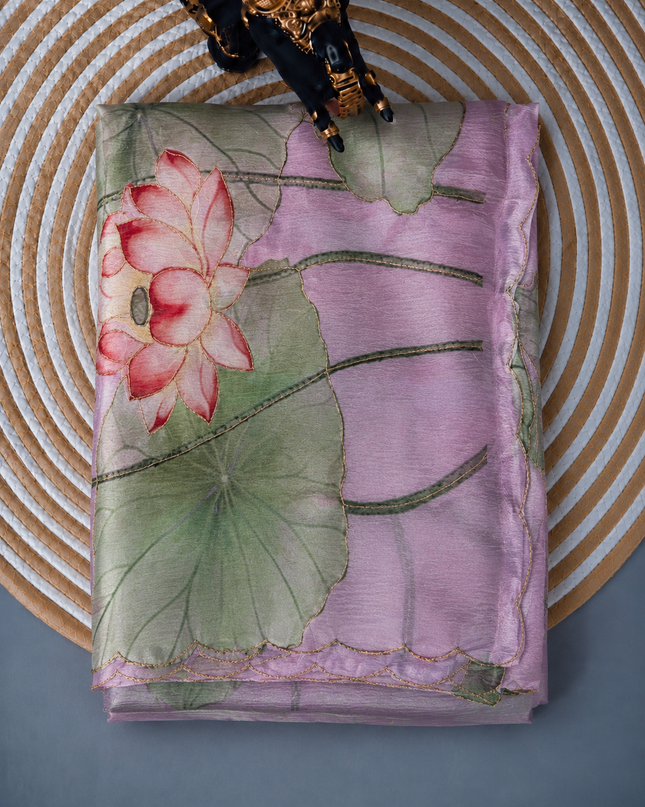 Soft Crush Floral Print With Ari Work and Scallop Border - Pink