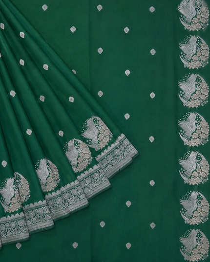 Mashru Banaras saree with Silver butties and Silver Kaddi border - Bottle Green