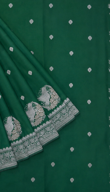 Mashru Banaras saree with Silver butties and Silver Kaddi border - Bottle Green