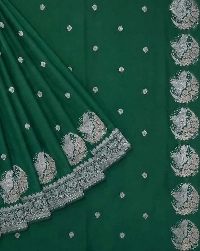 Mashru Banaras saree with Silver butties and Silver Kaddi border - Bottle Green