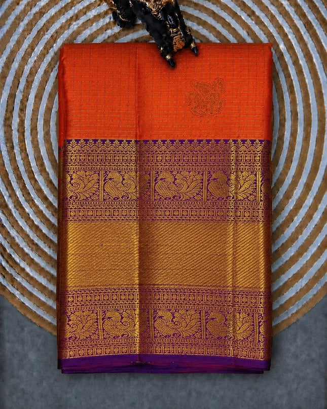 Pure Pattu Saree With Gold Cheks Weaving and  Horse Buttes and Contrast Border- Orange