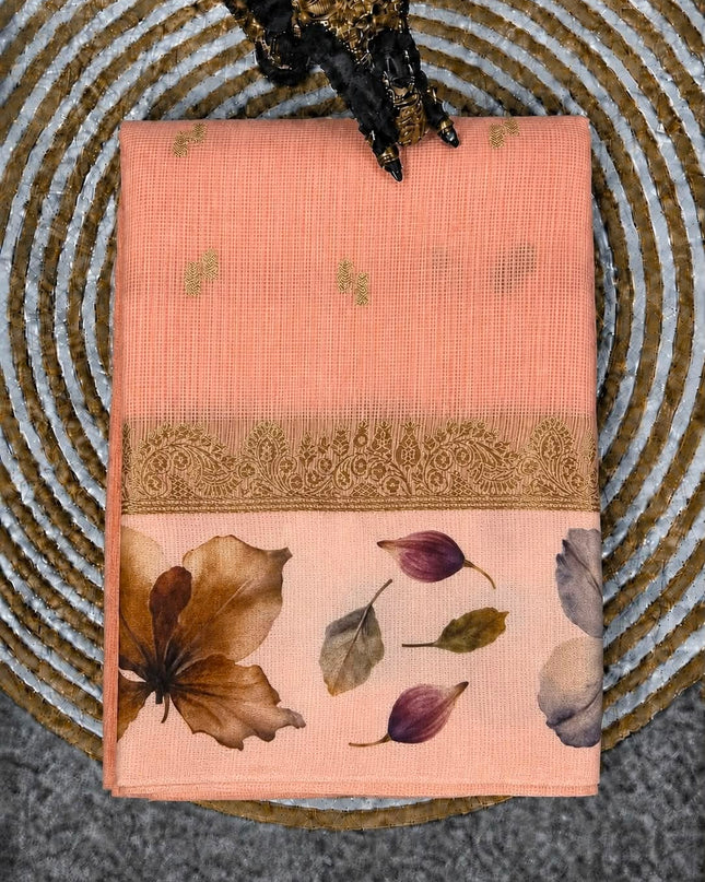 Kota Silk saree with Golden Buttes and Satin Borer Floral Print - Coral