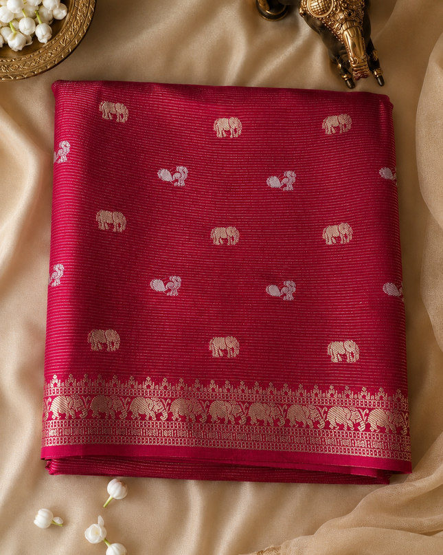 Munga Silk Saree With Gold and Silver Peacock and Elephant Butties Golden  Zari Elephant Design  Border -Pink