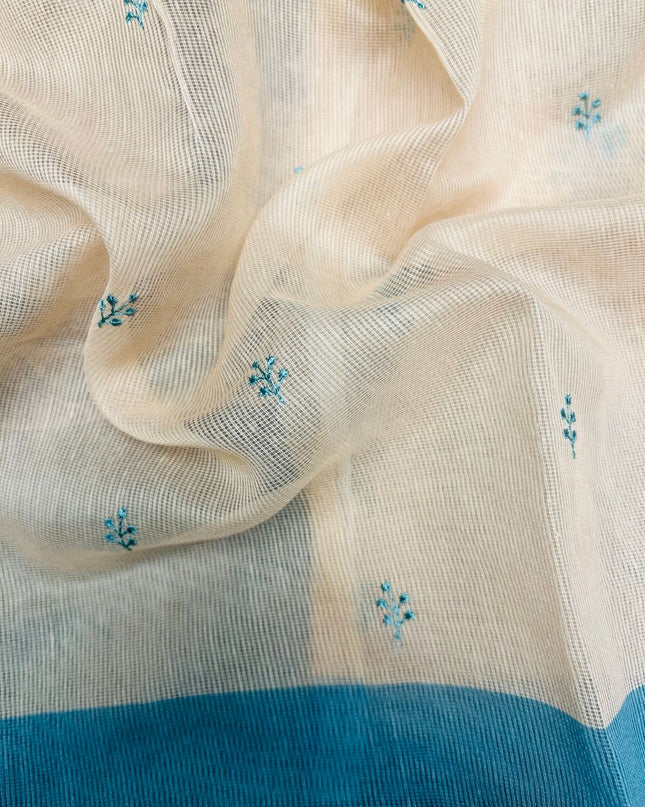Silk Kota Saree with Floral Print and Thread Embroidery work Border with Lace - Tan & Blue