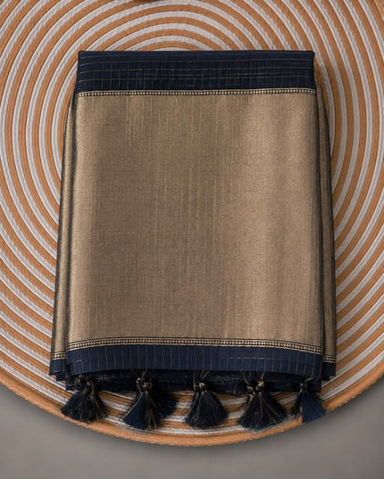 Cotton Chanderi Jamdani Saree withfloral Print Golden Border - Navy