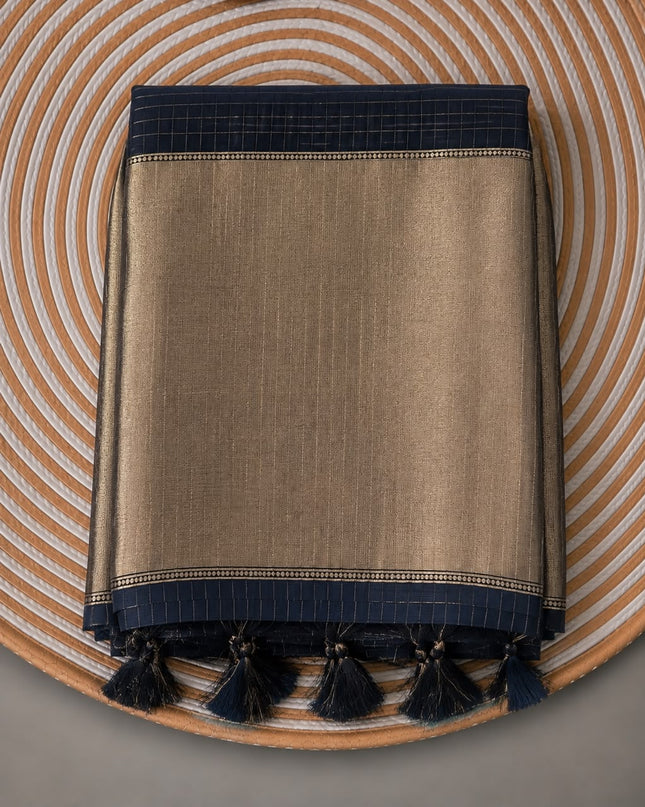 Cotton Chanderi Jamdani Saree withfloral Print Golden Border - Navy