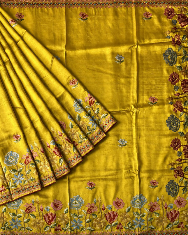 Dupion Saree with Thread Work Piping Border- Mustard